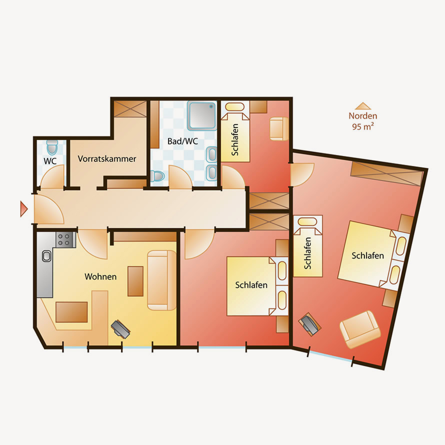 Skizze Appartementtyp 6 mit 95 m² für 6 Personen