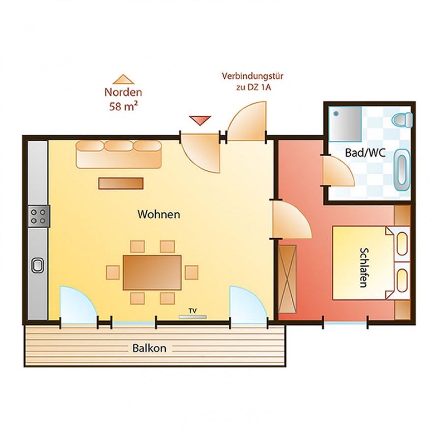 Skizze Appartementtyp 1 mit 68 m² für 2 - 3 Personen