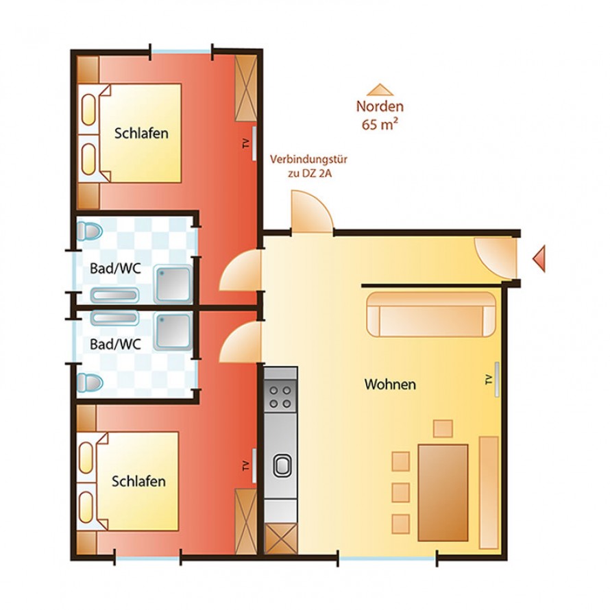 Skizze Appartementtyp 2 mit 65 m² für 4 Personen